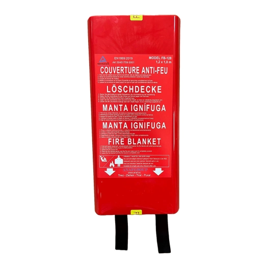 couverture antifeu fb-128, en boîtier rigide, 5 langues, 120 x 180 cm