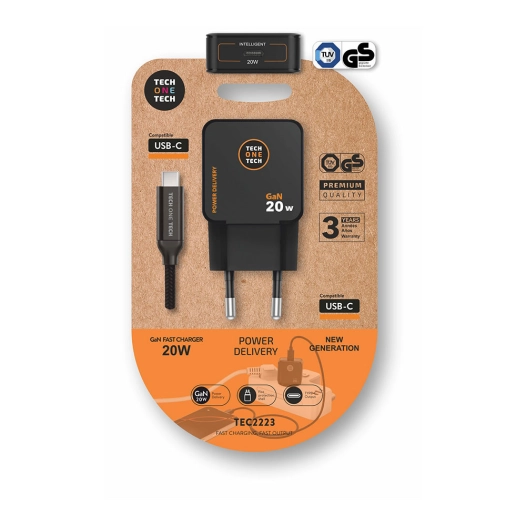 chargeur ultra-rapide gan 20 w noir + câble usb-c de 1 m
