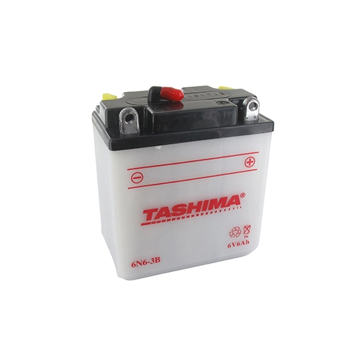 Batterie plomb TASHIMA 6V, 6A. L: 99, l: 57, H:120mm, + à droite pour motos. (livrée sans acide). -
