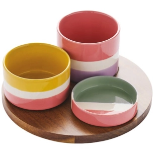 sharing summer set de 3 bols en gres avec plateau en acacia 25x25x17cm - livwise point virgule