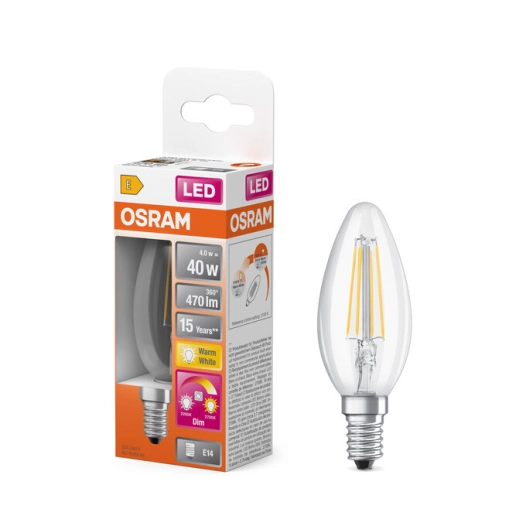 ampoule transparente led flamme e14 4w 470 lm blanc chaud ampoule transparente led flamme e14 4w 470 lm blanc chaud - osram
