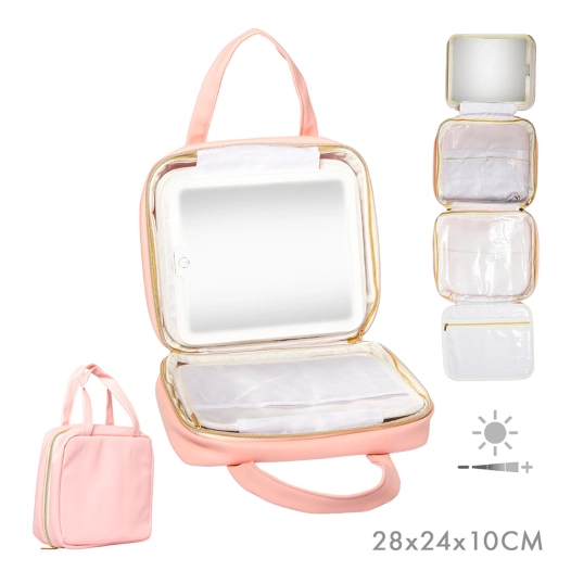 mallette dépliable à cosmétiques avec miroir led et crochet de suspension, rose, 27 x 8,5 x 22 cm