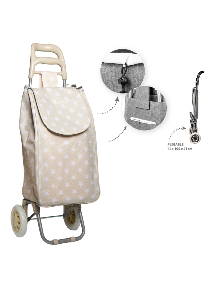 Chariot de courses pliable Beige Étoiles Pliable, léger et stylé pour vos courses quotidiennes - CAISON
