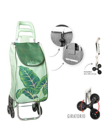 Chariot de courses pliable CAISON Pliable, 6 roues escaliers, motif feuilles vert - CAISON