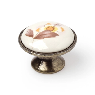 bouton de meuble, modèle 814, en porcelaine et zamak à décor floral brun, ø 29 mm, blister 4 unités