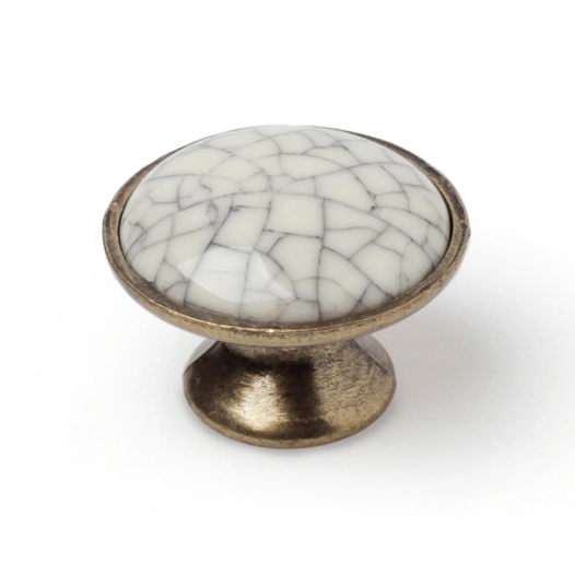 bouton de meuble, modèle 814, en porcelaine et zamak avec finition craquelée et or vieilli, ø30 mm, blister 4 unités