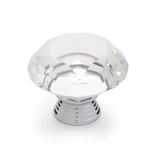 bouton de meuble, modèle 964, en zamak et cristal avec finition chromée polie et verre transparent, ø 40 mm, blister 4 unités