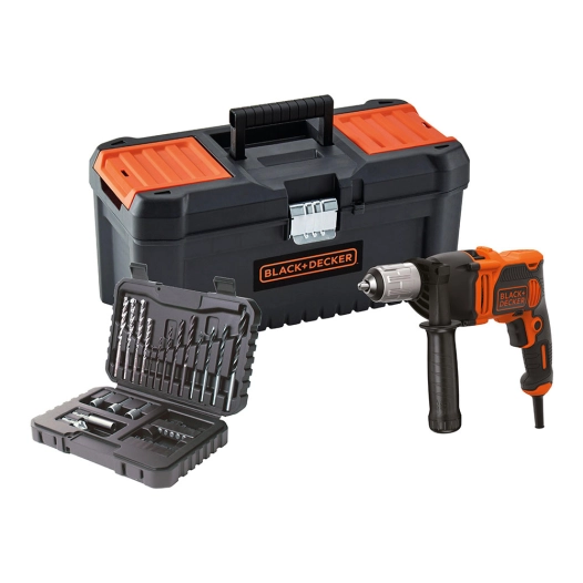 kit perceuse à percussion 850 w, ø13 mm, + 32 accessoires en coffret + boîte, avec câble