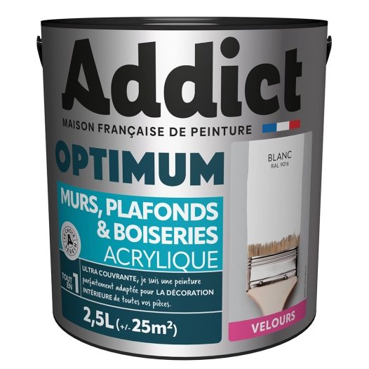 peinture reca optimum murs plafonds et boiseries acrylique velours blanc 2,5l - addict
