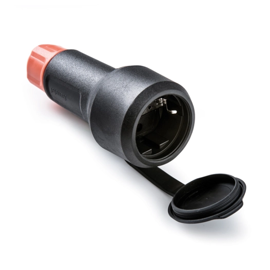 prise mobile schuko avec couvercle en caoutchouc 2p+t 16a 250 v, ip54, noire, max. 1,5 x 2,5 mm², blister