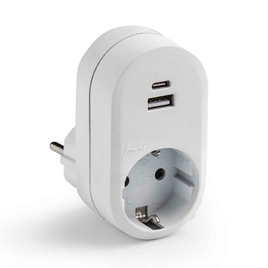 adaptateur schuko 1 prise 2 broches + 2 ports usb (a + c) ip20 blanc, blister