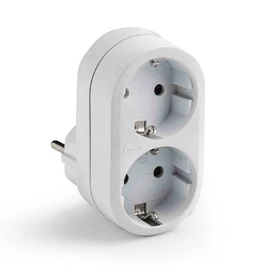 adaptateur double schuko 2p+t 16a 250 v avec entrée frontale, blanc, blister