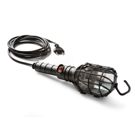 lampe baladeuse avec abat-jour 60 w 250 v e27, poignée en caoutchouc noir, câble 5 m, interrupteur et crochet