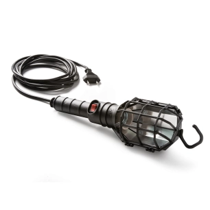 lampe baladeuse avec abat-jour 60 w 250 v e27, poignée en caoutchouc noir, câble 5 m, interrupteur et crochet