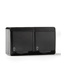 double prise de courant avec terre latérale étanche ip44, 16a 250 v, noir, blister