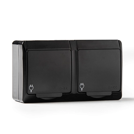 double prise de courant avec terre latérale étanche ip44, 16a 250 v, noir, blister