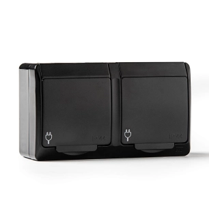 double prise de courant avec terre latérale étanche ip44, 16a 250 v, noir, blister