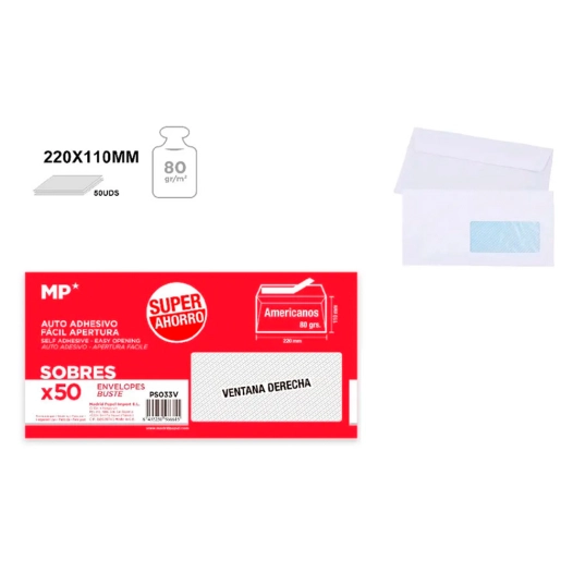 enveloppes américaines autocollantes à fenêtre 220 x 110 mm, 50 unités