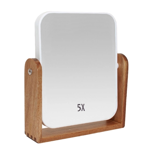 miroir grossissant x5, pied en acacia avec finition en blanc, 18 x 4,5 x 20,5 cm
