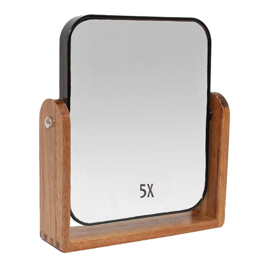 miroir grossissant x2, pied en acacia avec finition en noir, 18 x 4,5 x 20,5 cm