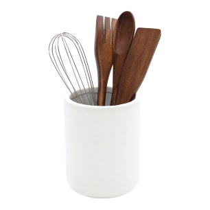pot en céramique blanc avec ustensiles de cuisine en bois d'acacia, 5 pièces