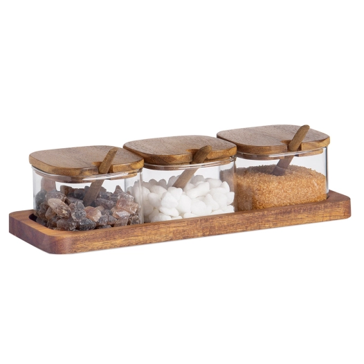 sucrier en verre et bois d'acacia, 3 pièces avec plateau, 27 x 10,5 x 7 cm