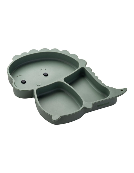 assiette en silicone vert en forme de dinosaure avec ventouse