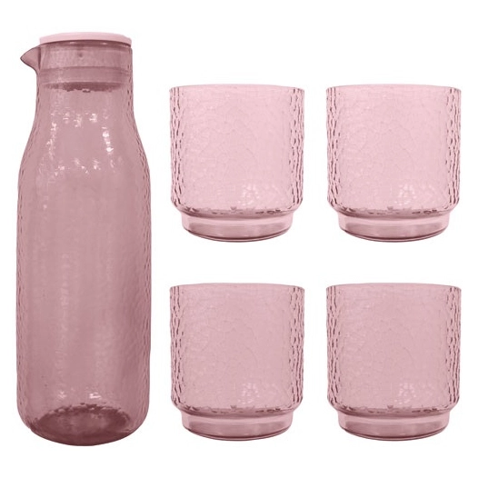 set carafe et 4 verres en rpet transparant dusty pink - livwise point virgule