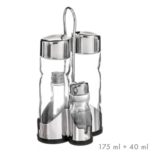 ensemble huile, vinaigre, salière et poivrière en verre + bouchon en acier inoxydable