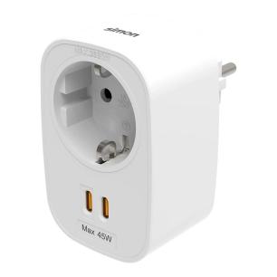 adaptateur combiné schuko 2 broches + prises 16 a 230-250v~50hz + 2 ports usb-c 45 w, blanc