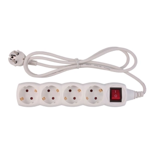 multiprise, 4 prises, schuko 2p+t, 16 a 250 v~, 1,5 m câble, avec interrupteur, blanche, basic line, blister