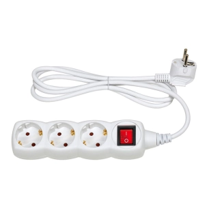 multiprise, 3 prises, schuko 2p+t, 16 a 250 v~, 1,5 m câble, avec interrupteur, blanche, basic line, blister