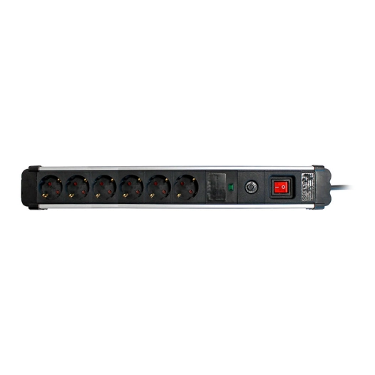 multiprise, 6 prises, schuko 2p+t, 16 a 250 v~, 1,5 m câble, avec interrupteur et prot. surtensions, aluminium