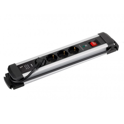 multiprise, 4 prises schuko 2p+t, 2 usb a+c, 16 a 250 v~, 1,5 m câble, avec interrupteur et prot. surtensions, aluminium