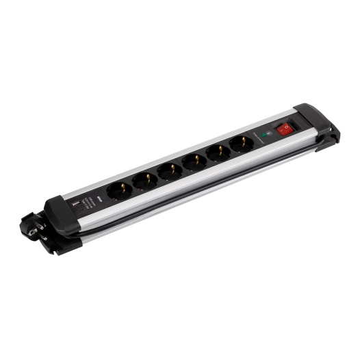 multiprise, 6 prises schuko 2p+t, 2 usb a+c, 16 a 250 v~, 1,5 m câble, avec interrupteur et prot. surtensions, aluminium