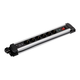 multiprise, 6 prises schuko 2p+t, 2 usb a+c, 16 a 250 v~, 1,5 m câble, avec interrupteur et prot. surtensions, aluminium