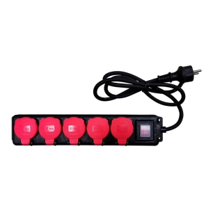 multiprise, 5 prises, schuko 2p+t, avec clapet, 16 a 250 v~, ip44, 1,4 m câble, avec interrupteur, noire et rouge, blister