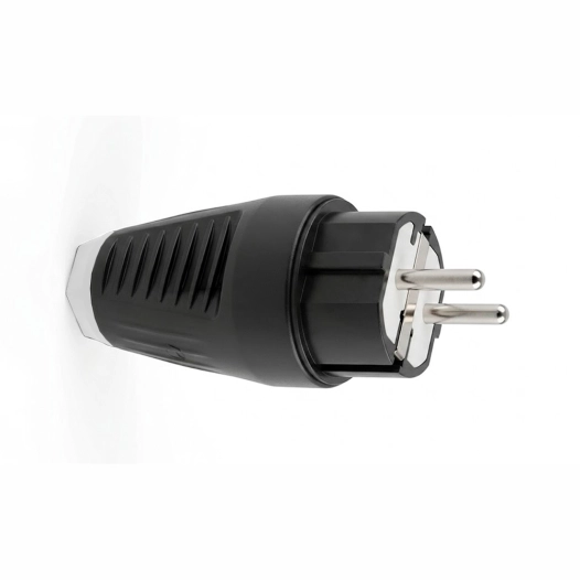 fiche en caoutchouc, schuko 2p+t, 16a 250v~, sortie droite, ip54, noire, sous film rétractable
