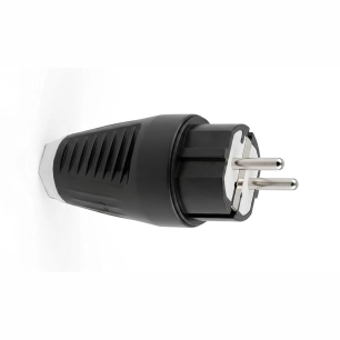 fiche en caoutchouc, schuko 2p+t, 16a 250v~, sortie droite, ip54, noire, sous film rétractable