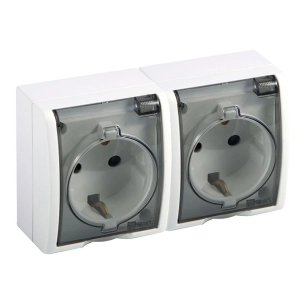 prise double schuko 2p+t 16 à 250 v~ à montage en saillie, ip54, série aquarius, blanche avec couvercle transparent, blister