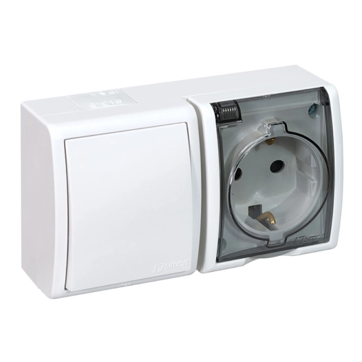 prise en saillie, schuko 2p+t + va-et-vient, 16a 250v~, ip54, série aquarius, blanc, blister