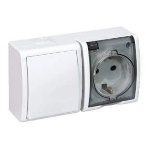 prise en saillie, schuko 2p+t + va-et-vient, 16a 250v~, ip54, série aquarius, blanc, blister