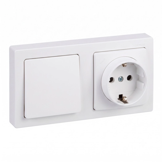 prise en saillie, schuko 2p+t + va-et-vient, 16a 250v~, ip20, série simon 73 loft, blanc, sous film rétractable