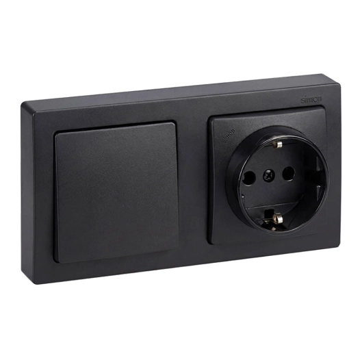 prise en saillie, schuko 2p+t + va-et-vient, 16a 250v~, ip20, série simon 73 loft, graphite, sous film rétractable