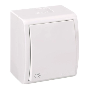 bouton poussoir en saillie 10 ax 250 v~, ip54, série aquarius, symbole lumière, blanc, blister