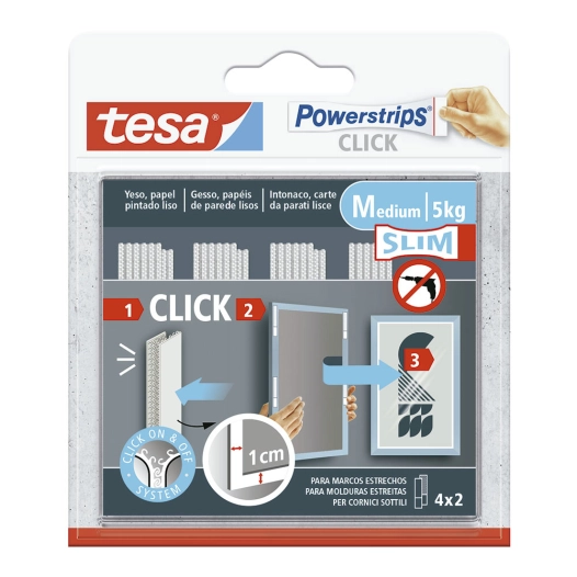 bandes adhésives powerstrips click pour accrocher des tableaux, charge maximale 5 kg, 4 paires de bandes, 8 x 1 cm