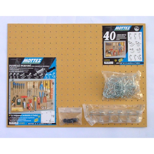 panneau perforé pour outils avec 41 crochets et 6 entretoises de paroi, 90 x 60 cm