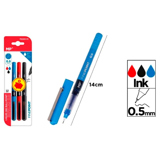 stylo à encre liquide, bleu, noir et rouge, pointe fine de 0,5 mm, 3 unités, blister