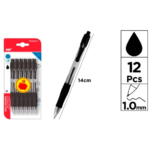 stylo à bille rétractable noir, 12 unités, blister
