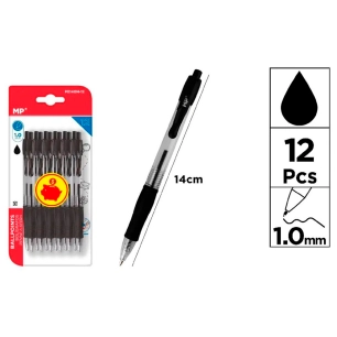 stylo à bille rétractable noir, 12 unités, blister